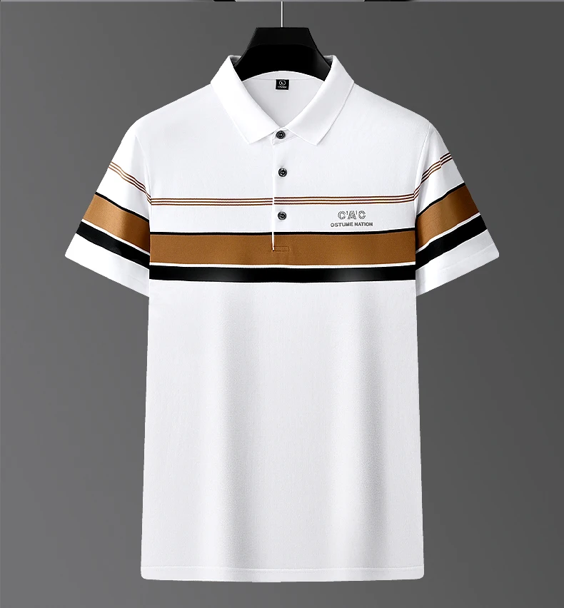 Summer New Silk Cotton Men's Breathable Polo Shirt Short sleeved Brand High end Fashion Exquisite Stripe Print Casual T-shirt 23 S80ffb914f3c341b9ae0c634f8a7c2ae8O