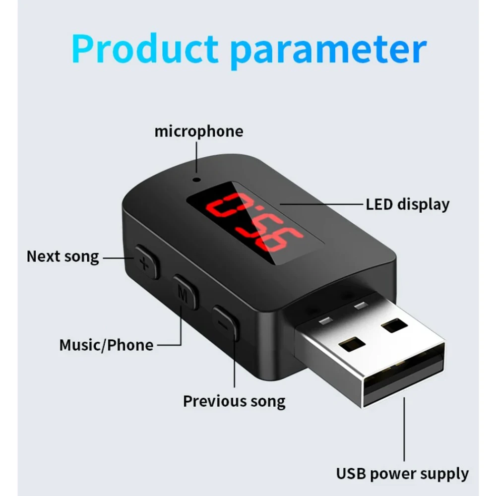 차량용 블루투스 6.0 FM 트랜스미터 수신기 미니 USB 무선 어댑터 핸즈프리 통화 LED 디스플레이 자동 오디오 지원 차량용 FM 라디오
