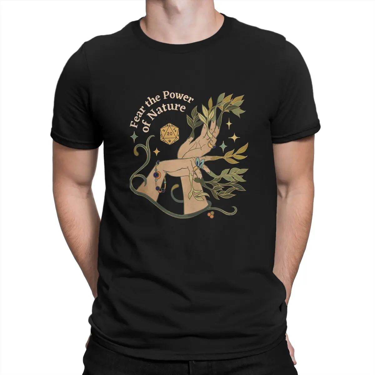 

DND Game NATURE DRUID Dice Botanical Hands Stars Tshirt Graphic Men Tops Vintage Punk Summer Short Sleeve Harajuku T Shirt
