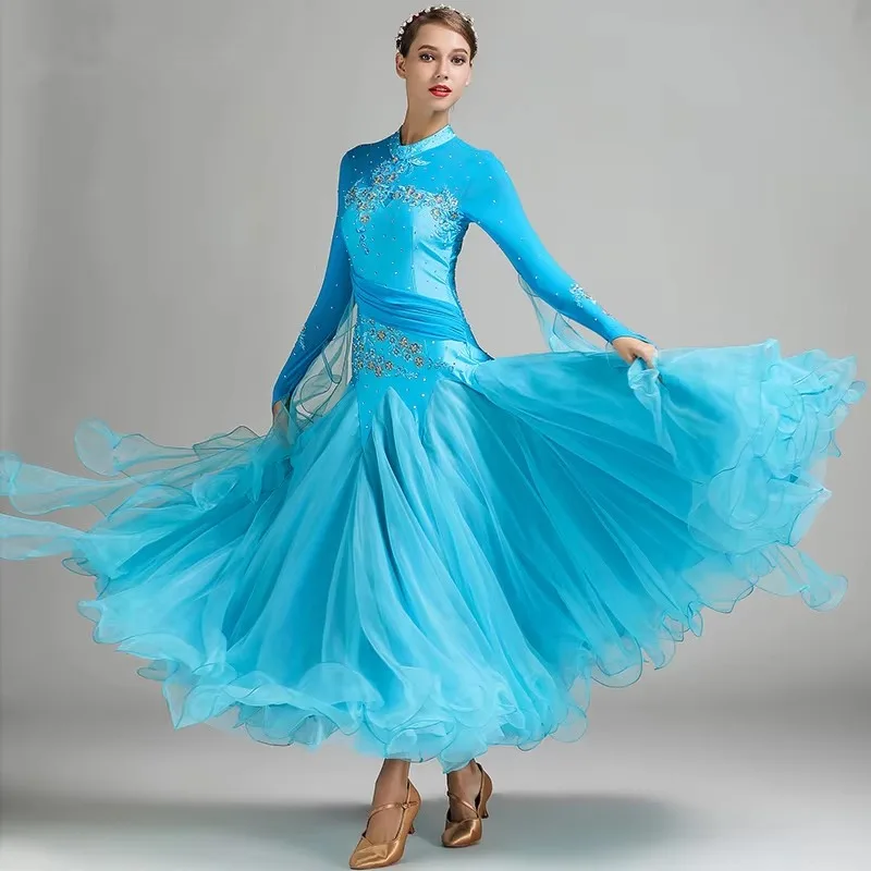 Red blue ballroom dance competition dresses waltz dance dress fringe luminous costumes standard ballroom dress foxtrot 9 color