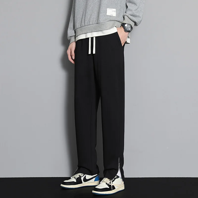 Spring Autumn New Solid Color Fashion Elastic Waist Sweatpants Man High Street Casual Pockets Zipper Patchwork Cotton Trousers