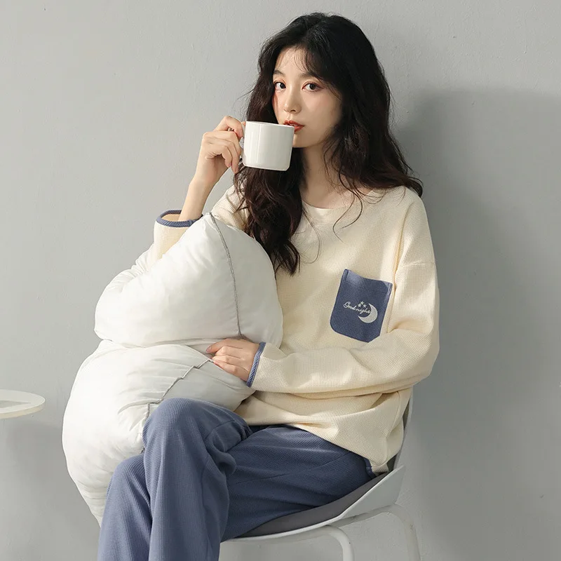 بيجامات نسائية قطنية بأكمام طويلة ورقبة مستديرة ،...