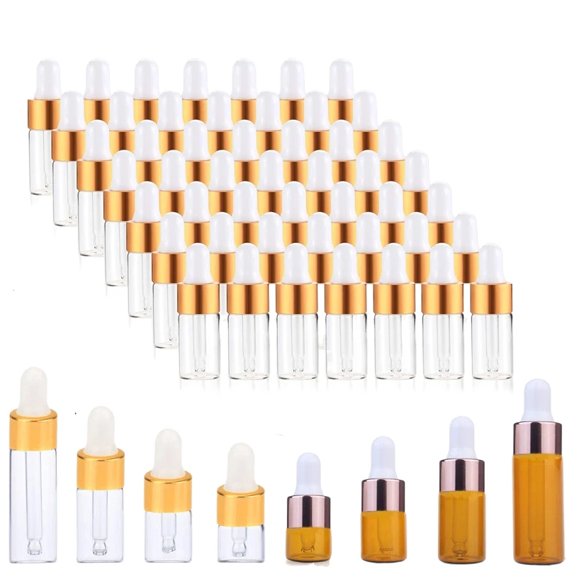 

100Pcs Empty 1ml-5ml Glass Dropper Bottles Mini Essential Oils Dropper vials For Sample Cosmetic Perfume Lotion Aromatherapy