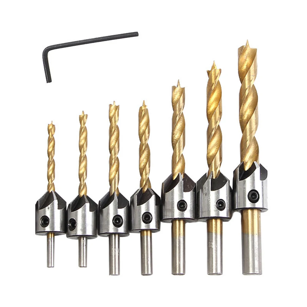 

8pcs Titanium Coating Countersunk Drill Set Reamer Woodworking Chamfer High Speed Steel Counterbore Hole Cutter 3/4/5/6/7/8/10mm