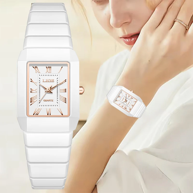 LIGE Creative Square Watch Women Fashion Waterproof Ladies Quartz Watch Casual Sport Ceramic Bracelet Wrist Watches For Women