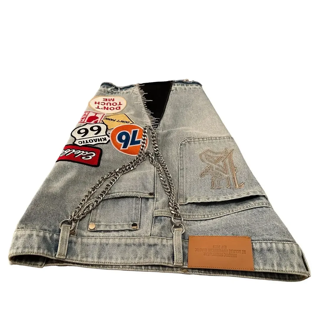 Mens Womens Y2K Rock Hip Hop Patchwork Denim Short Cartoon Pattern Retro Blue Baggy Denim Fitness Casual Shorts Basketball Short denim shorts