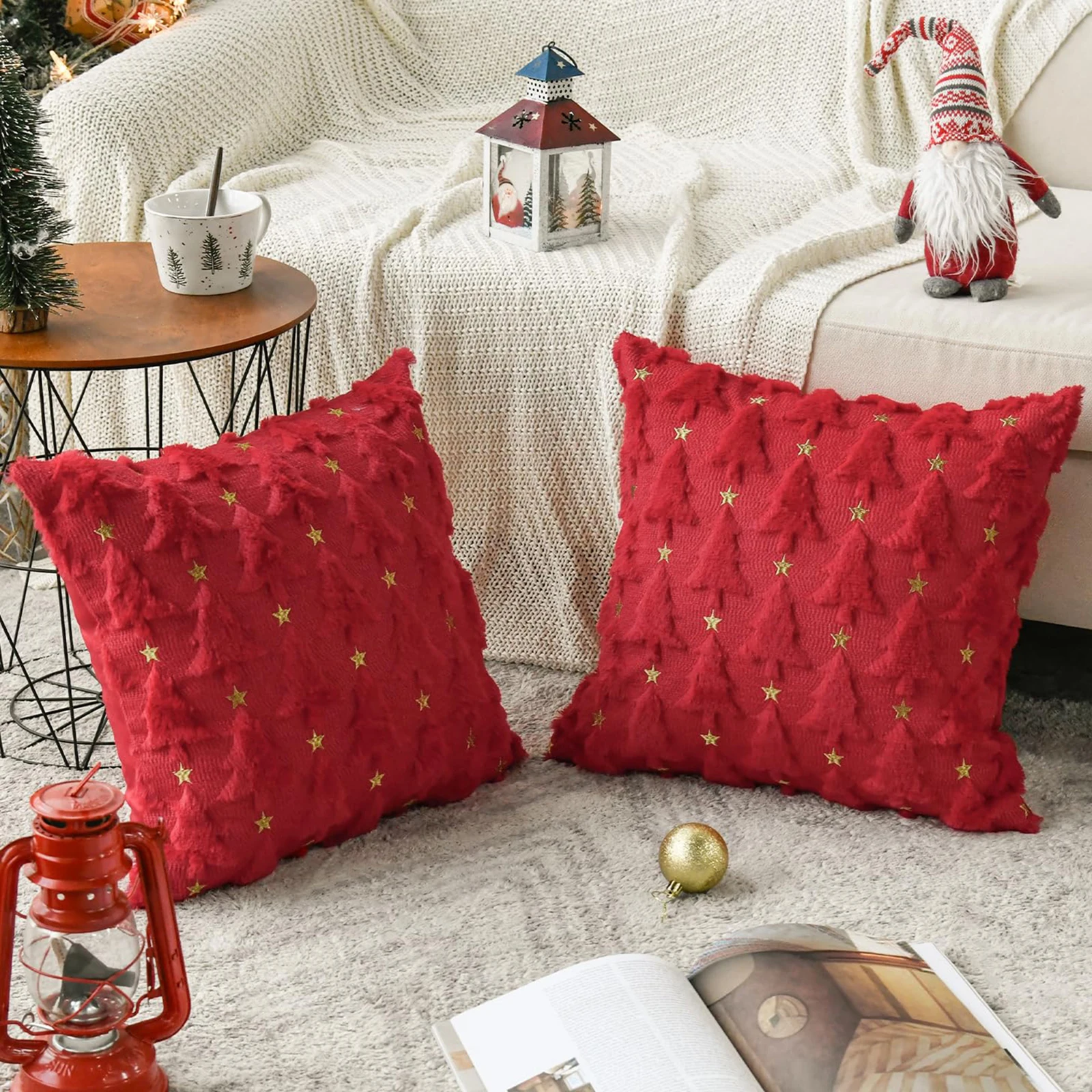 크리스마스 트리 쿠션 케이스 귀여운 18x18 인치 2개 세트 마치 홀리데이 홈 야외 장 쿠션 커버