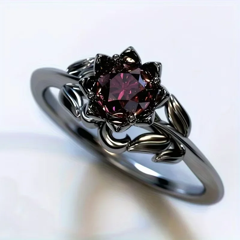 LATS Black Color Flower Red Stone Rings for Women Charm Jewelry Accessories Rose Ring Party Gift 4