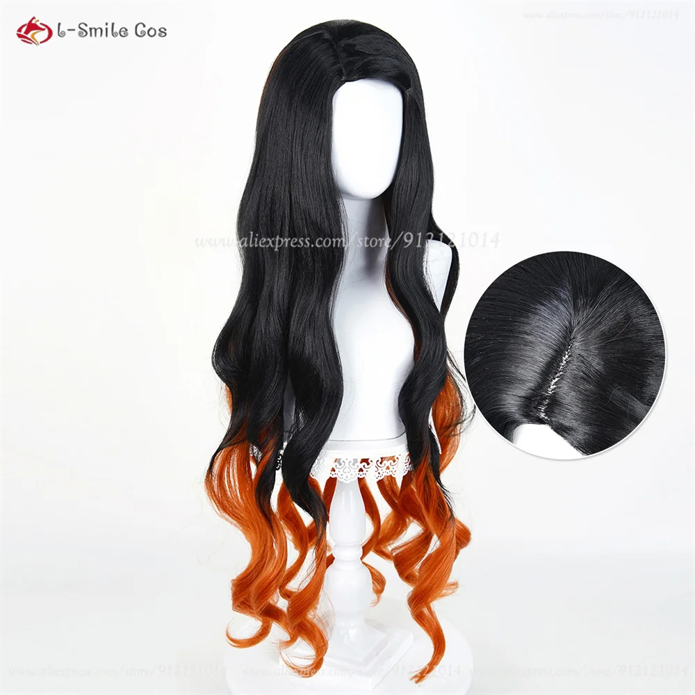 Kamado Nezuko Cosplay Perücke 100cm Gradient Curly Heat Resistant Synthetik Haar Anime Halloween 12