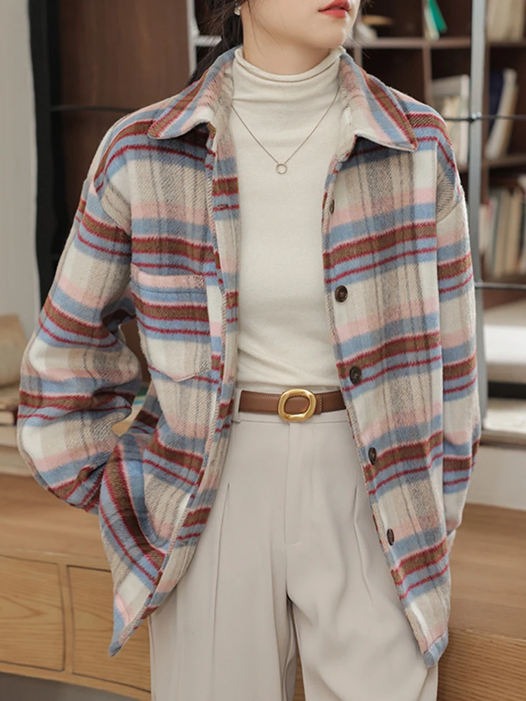 

QOERLIN American Style Vintage Brushed Plaid Shirts Loose Casual Women Blouse 2024 New Long Sleeve Autumn Winter Button Up Tops