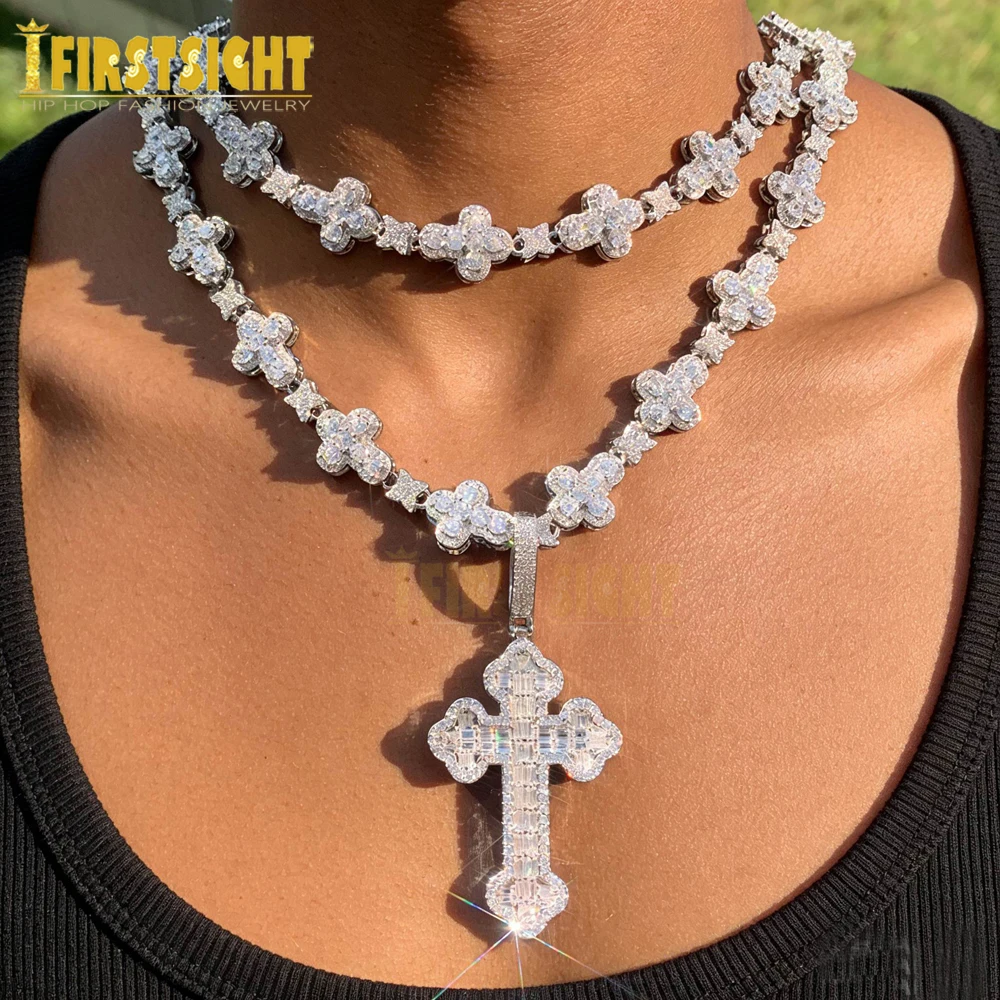 2025 New Iced Out Cross Necklace for Men Women Bling Silver Color
