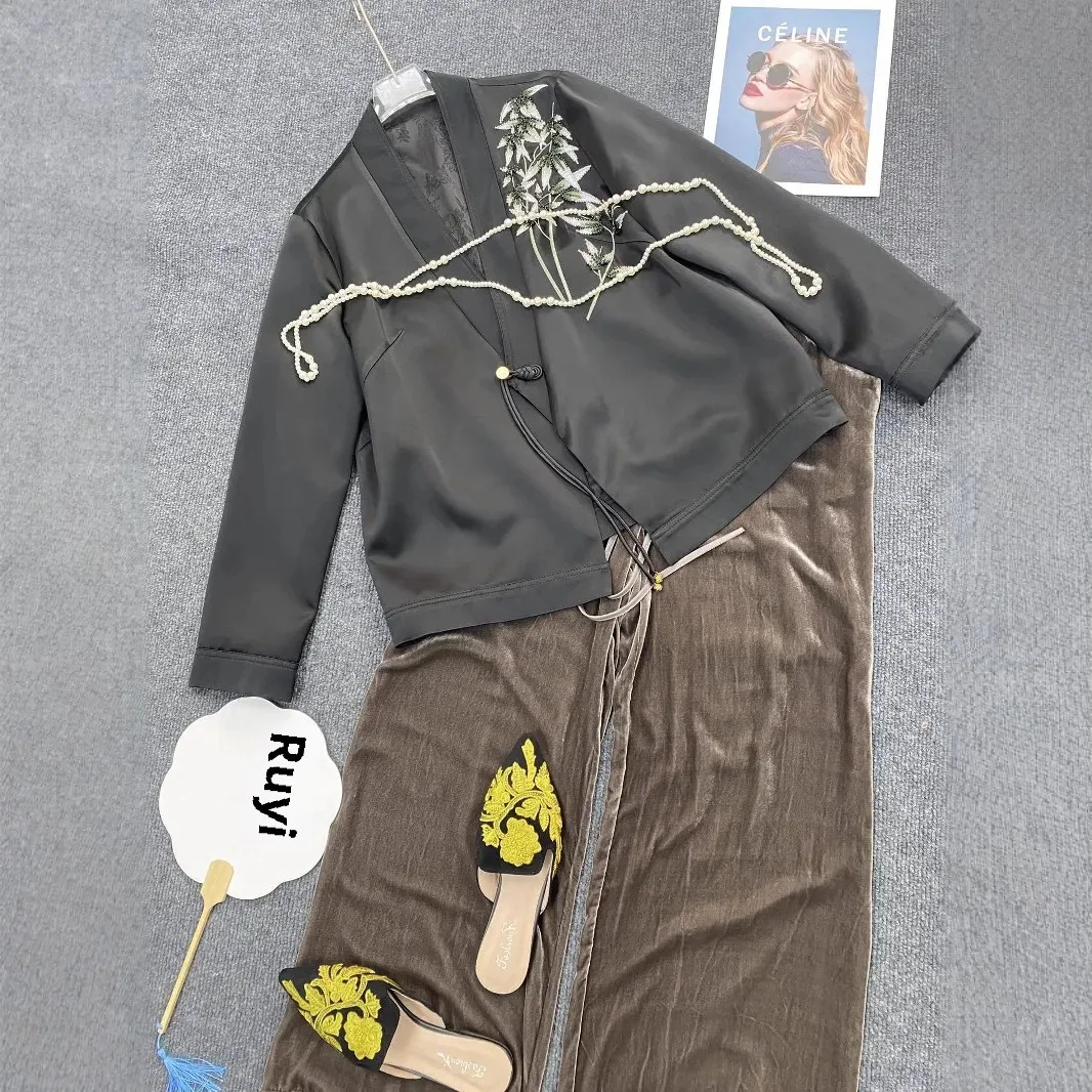 Elegant Two-Tone Acetate Embroidered Jacket V-Neck New Chinese Style Top Vintage Noble Atmosphere Spring Outerwear