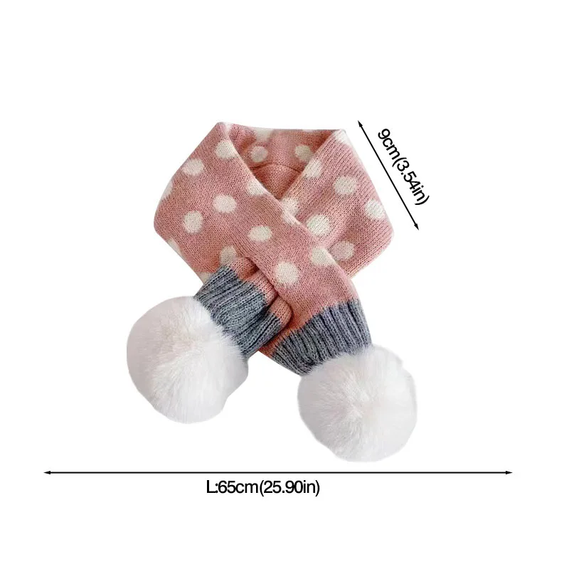 Korean Dot Print Kids Scarf Winter Warm Knitted Scarves for Toddler Boys Girls Cute Faux Fur Pompom Children Cross Neckerchief