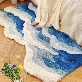 Tappeto floccato con onde marine blu Tappeto per camera da letto Tappeto per corridoio Tappetino per pavimento Zerbino Estetico Decorazioni per la casa 1