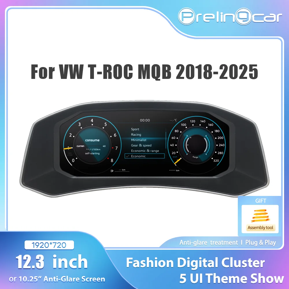 Prelingcar-tablero de panel Digital LCD de 12,3 pulgadas para VW T-ROC 2018-2025 años MQB, panel de instrumentos de cabina Virtual 1