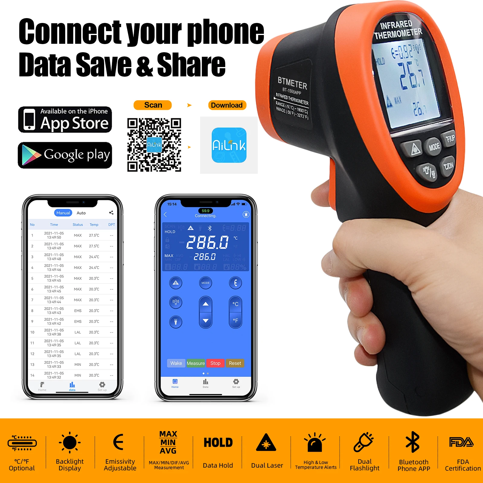 

BT-1500-APP Non contact infrared thermometer with APP function Testing distance far away from high heat connect to mobile phones