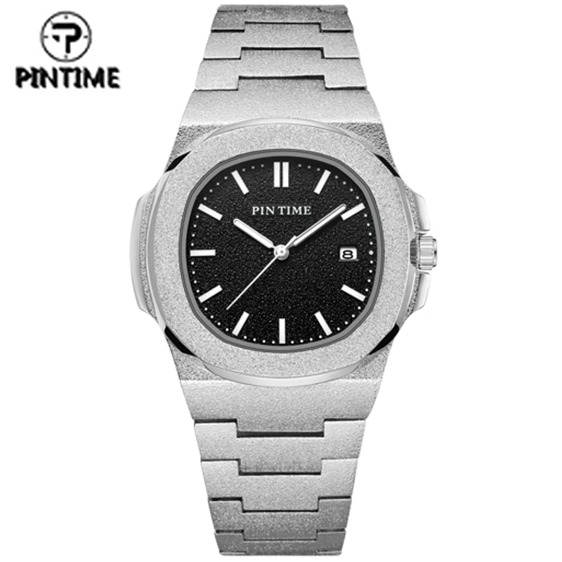 PINTIME Quartz Watch Men Luxury Matte Band Hip Hop Black Gold Sliver Watches Men's Wrist Watch Clock Male Zegarek Meski Montre