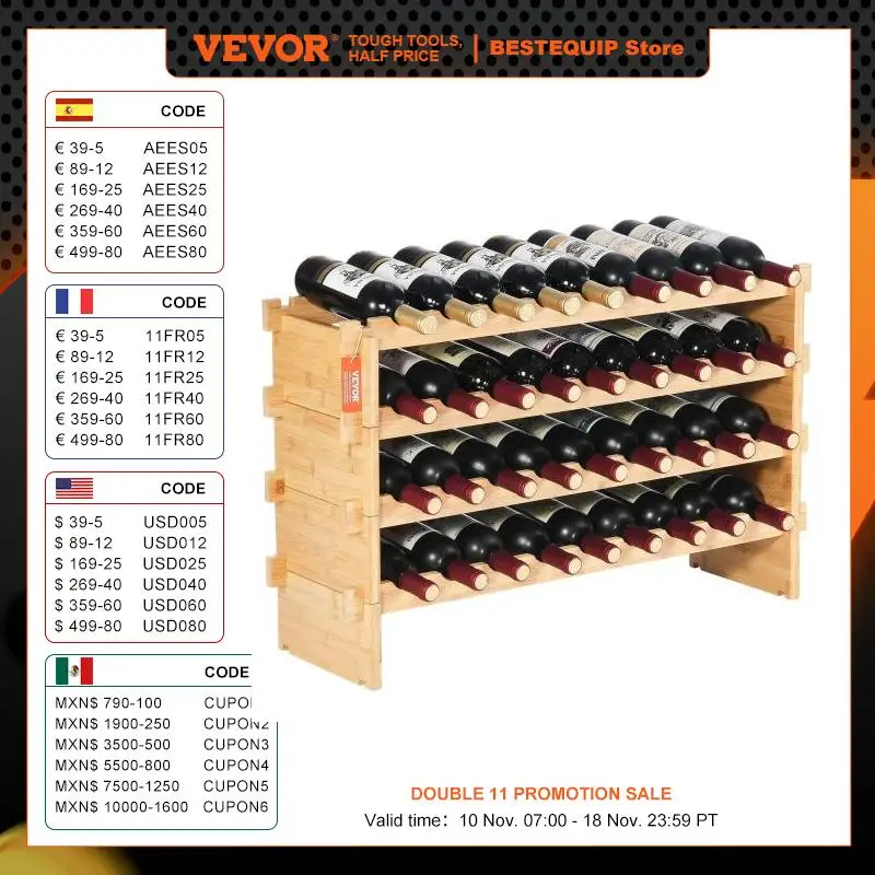 VEVOR 36 Bottle Stackable Modular Wine Rack 4-Tier Solid Bamboo Wood Storage Racks Floor Freestanding Wines Holder Display Shelf
