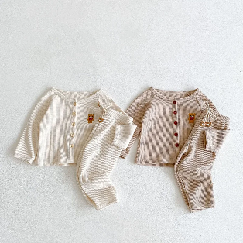 

Baby Boys & Girls Waffle Bear Embroidered Cardigan Jacket + Pants Two-Piece Set