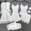 Blanc 5 pièces ensemble de sommeil Pyjamas dame dentelle Satin Pyjamas Kimono robe de bain vêtements de nuit amples maison vêtements col en v vêtements de nuit décontractés