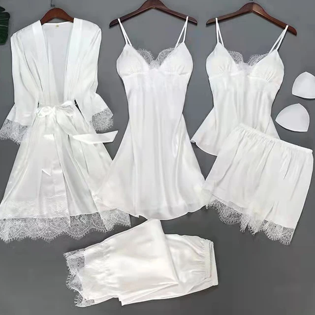 Blanc 5 pièces ensemble de sommeil Pyjamas dame dentelle Satin Pyjamas Kimono robe de bain vêtements de nuit amples maison vêtements col en v vêtements de nuit décontractés