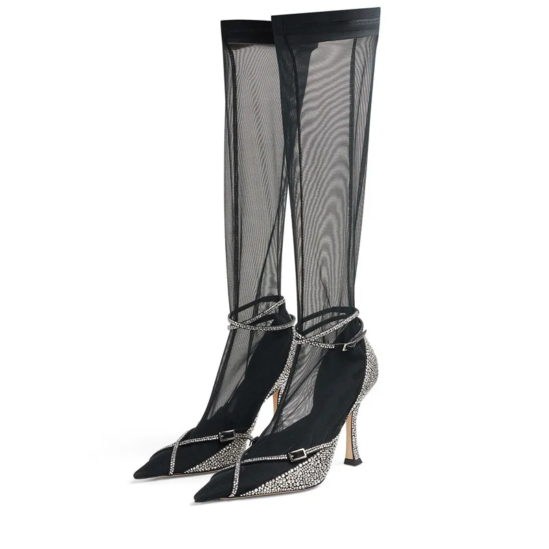 

Sexy Woman Summer Stilettos High Heel Mesh Boots Pointed Toe Buckle Ankle Strap Female Party Knee High Sandal Boots