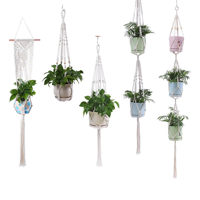 Colgador de macramé hecho a mano para plantas, cesta colgante de macramé de varios estilos, 100% algodón, para decoración de pared, patio y jardín