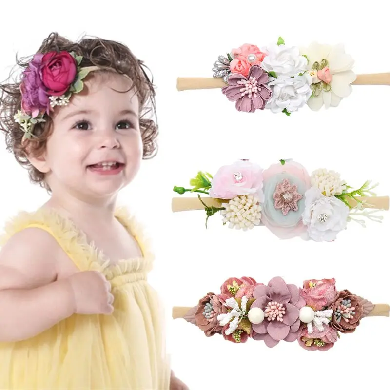 Baby Girl Pearl Artificial Flower Headband Nylon Elastic Hair Bands Newborn Infant Photography Props Baby Accessories pour bébés flower crown headband baby girl haar accessoires kids lace pearl beach diademas hair band thin nylon newborn photography props