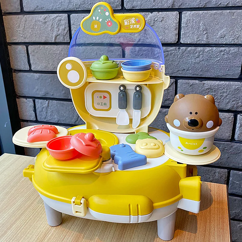 

[Funny] 2in1Bear backpack simulation kitchen Cooking makeup toy set Colored clay toy play house toys baby girl birthday gift