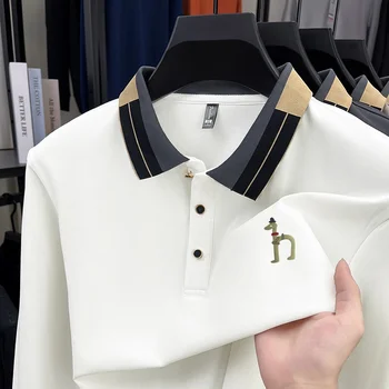 Polo da Uomo con Colletto a Risvolto, Design Originale, Nuova Collezione Autunnale, Tinta Unita con Stampa, Maglietta a Maniche Lunghe, Abbigliamento Maschile di Alta Gamma per Business e Tempo Libero