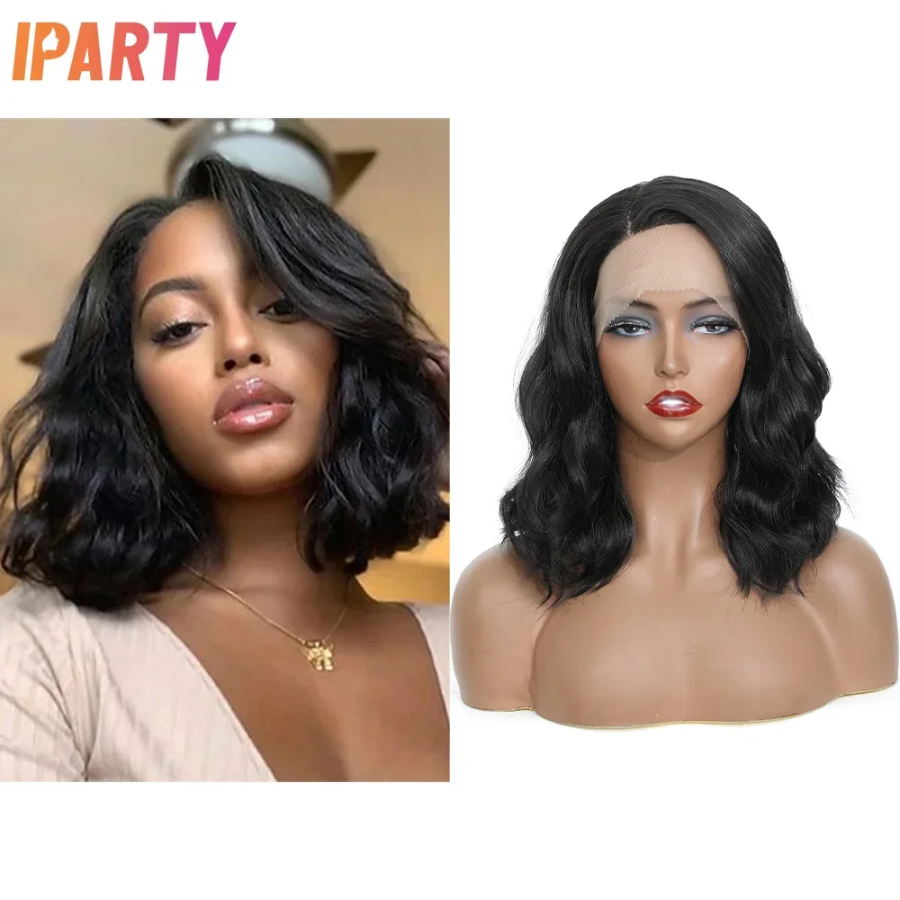

Synthetic Lace Short Wavy Bob Wig Black Color Side Part 11 Inches L Part Lace Heat Resistant Fibers Wigs For Women Daily