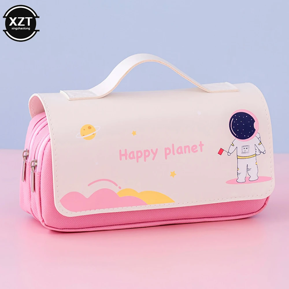 Space astronaut portable pencil case cute cartoon kids stationery bag large capacity storage bag school studen canvas pencil