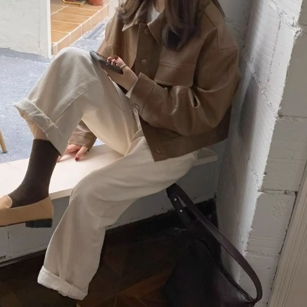 Y2k Lapel Collar Leather Jacket Women Korean Chic Retro Vintage PU Coats Outerwear Zipper Overcoat Streetwear