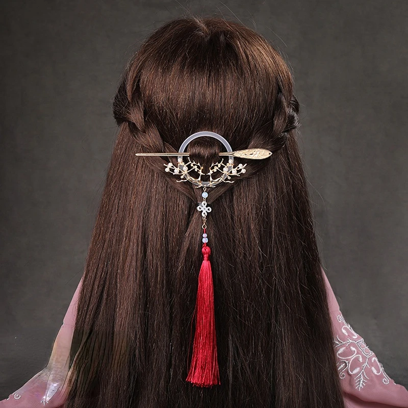 Chinese Ancient Tassel Hairpin Hair Ring Leaf Flower Hairpin Hanfu Metal Glaze Women Hair Jewelry Accessorie hair accessories