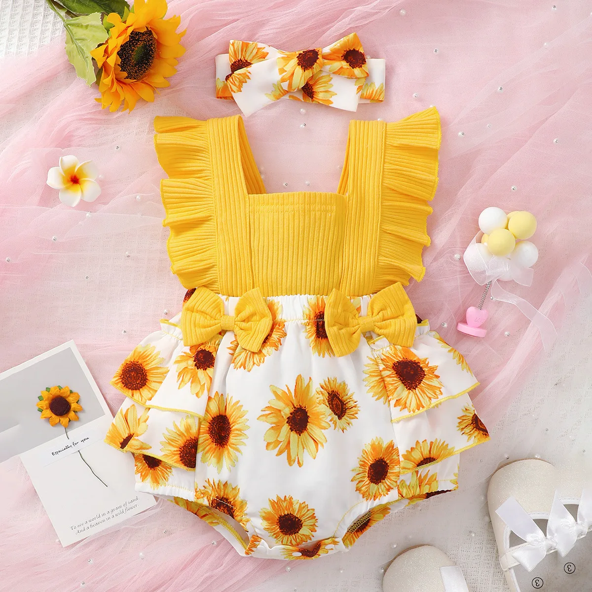 

2023 Baby Girl Romper Sunflower Print Ruffles Backless Bodysuits for Newborn Headbands Sets Toddler Girls 0-24M Jumpsuit