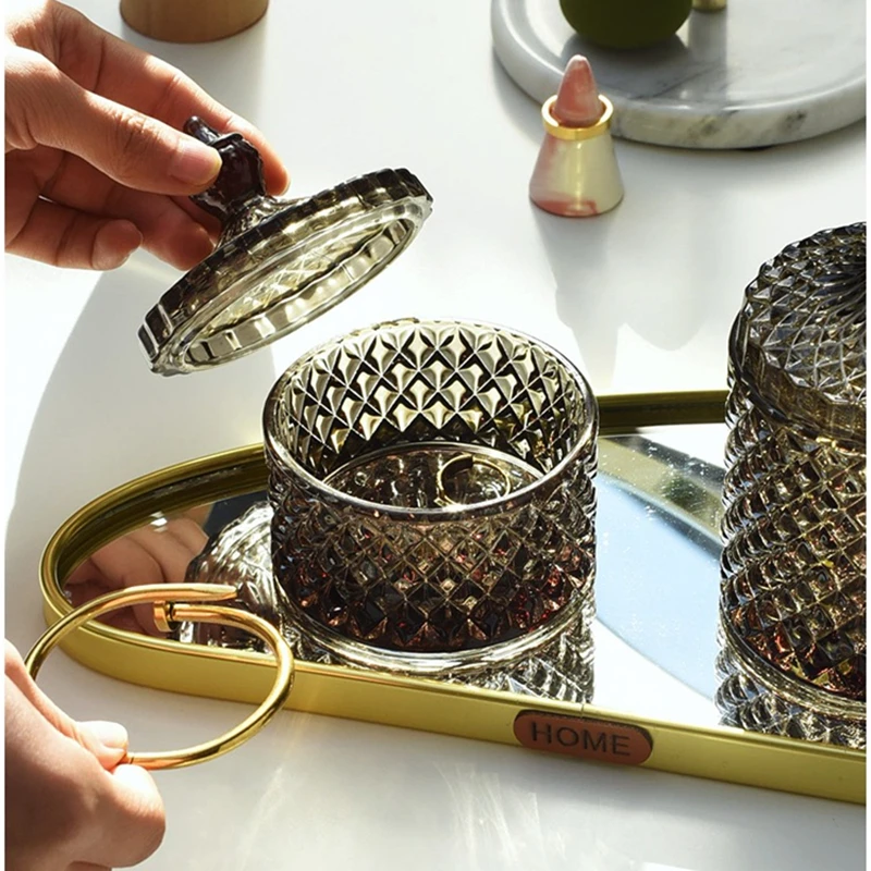 Dark Grey Crystal Glass Storage Jar with Cover Canned 600ML Diamond Cans Sugar Cotton Swab Box Household Organizer Decoration 6