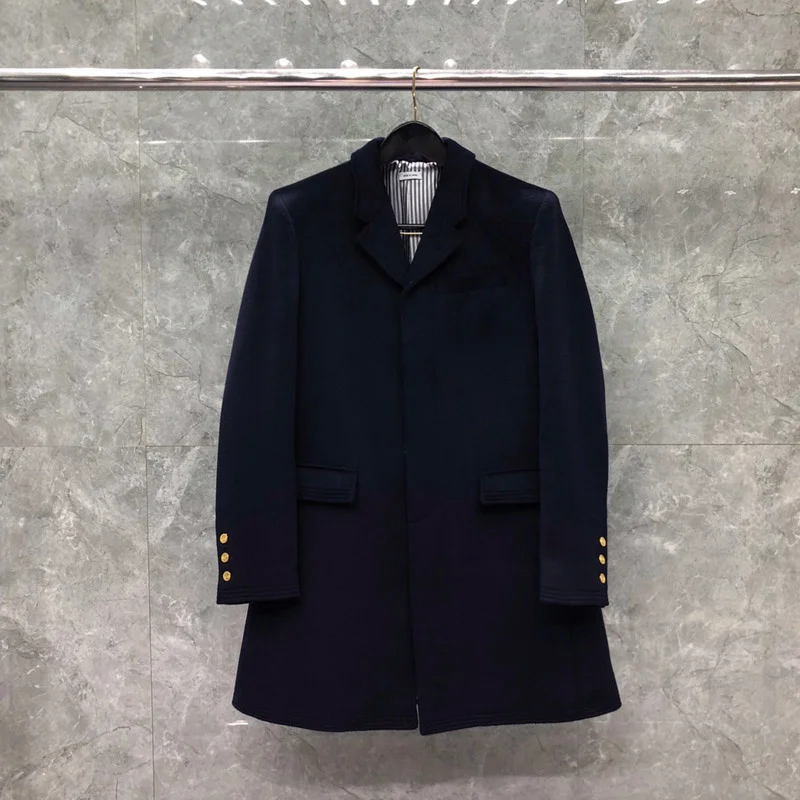 

THOM Jacket Autumn Winter Woolen Men's Jackets Fashion Brand Overcoats Long Single Breasted Back Wool Loose Navy TB Suit Coat