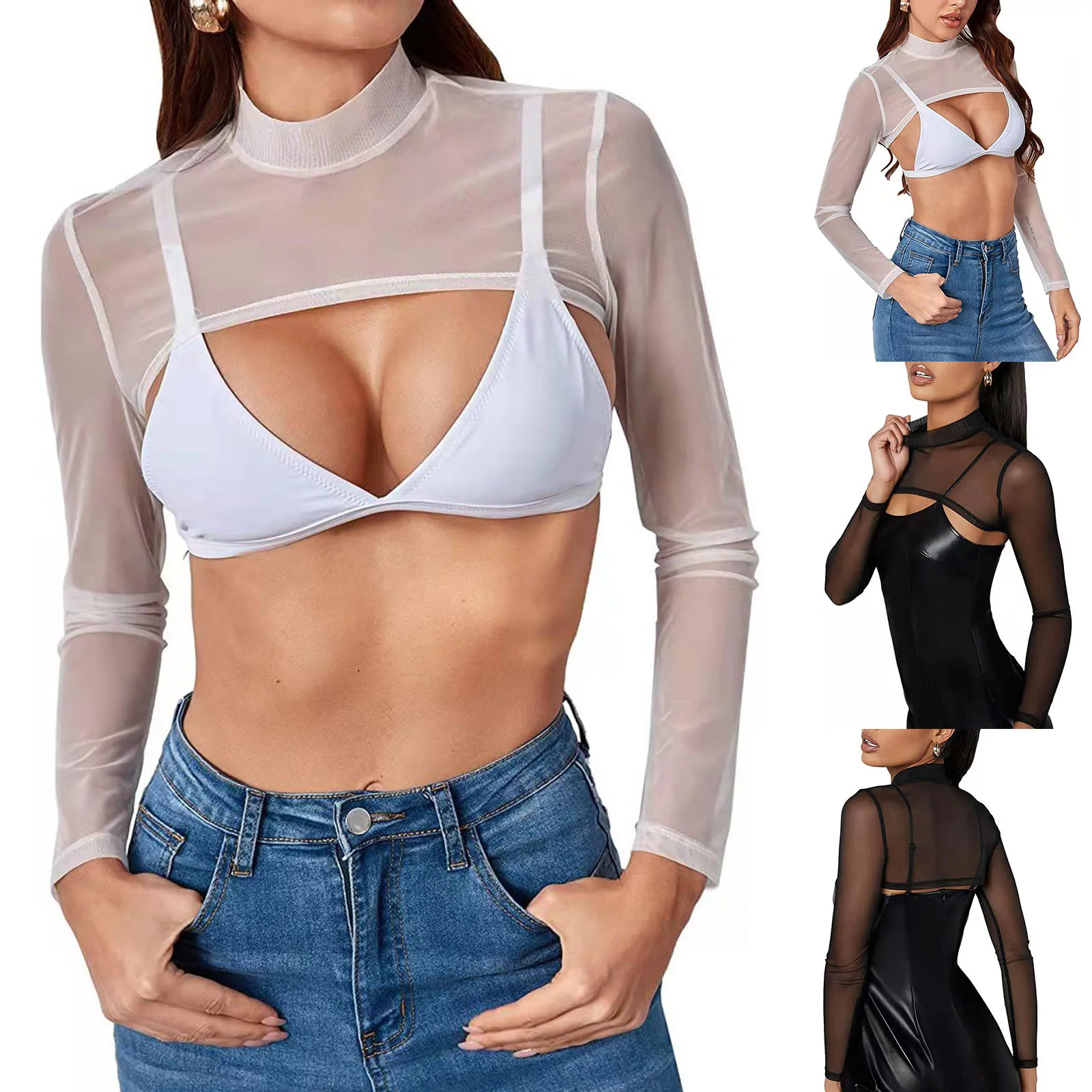 

Women Bathing Suit Cover Women's Long Sleeved T Shirt Semi High Neck Slim Mesh Navel Exposed Swimsuit Cover Up Bikini Cover Ups