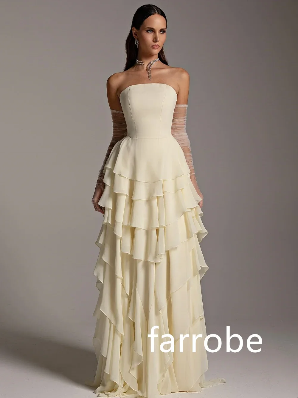 Customized Sexy Chiffon Pleat Tiered A-line Strapless Long Dresses Bespoke Occasion Dresses Classic Exquisite Modern Style Pastr