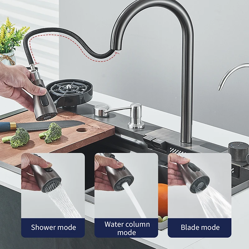 Shinesia 304 Stainless Steel Kitchen Sink Digital Display Large Single Sink Dish Basin Sink With Multifunction Waterfall Faucet 2