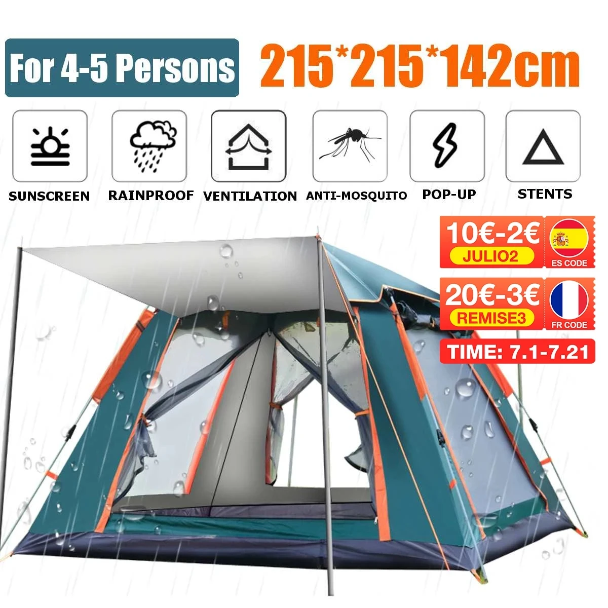 

4 Season Outdoor Large Family Tents 4-5 People Throw Tent Outdoor Automatic Tents Double Layer Waterproof Camping Hiking Tent