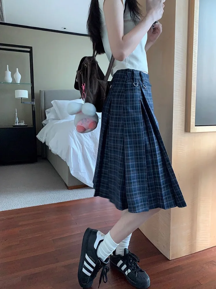 ADAgirl Vintage Plaid Midi Skirt Women American Retro Pleated A-line High Wasit Skirts Summer Fashion Uniform Aesthetics Clothes