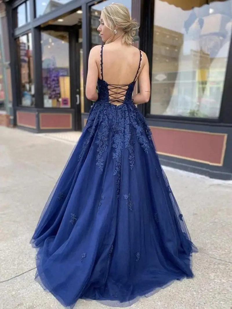 2022 Stylish Royal Blue Lace Prom Dresses Long Spaghetti Strap V Neck Evening  Gowns Formal Sexy Backless Prom Military Ball Gown - Evening Dresses -  AliExpress