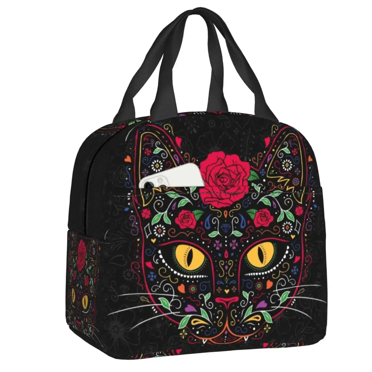 

Day Of The Dead Kitten Cat Sugar Skull Lunch Box Multifunction Mexican Halloween Floral Thermal Cooler Food Insulated Lunch Bag