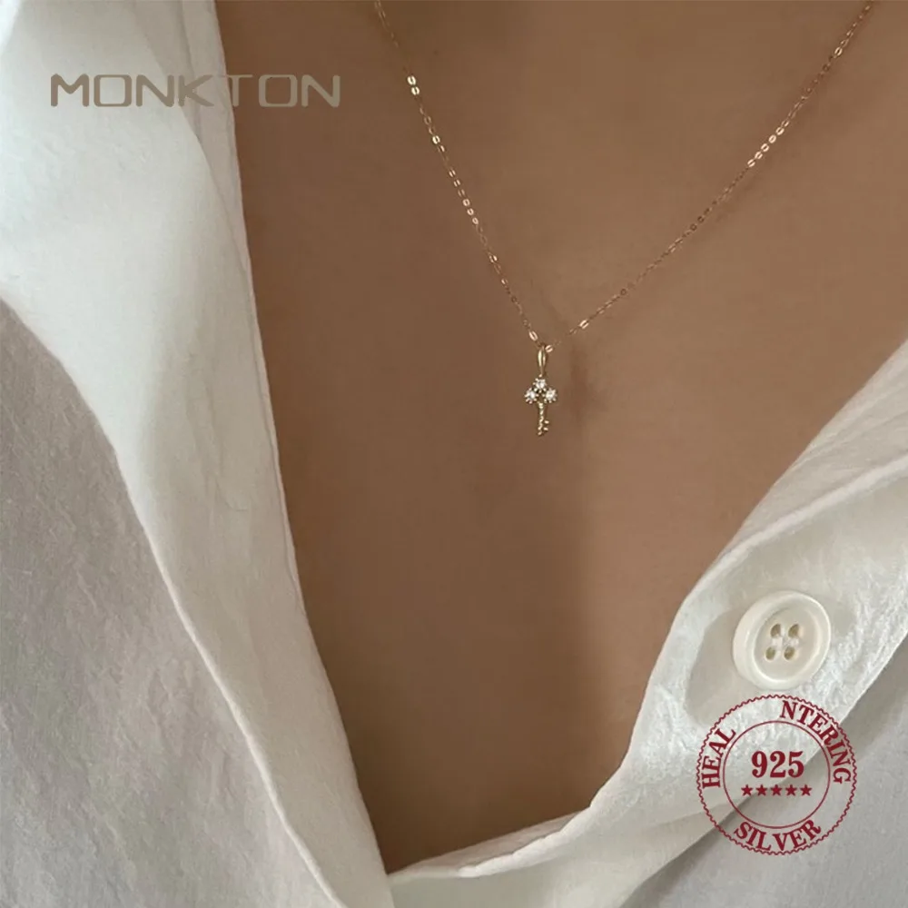 Monkton S925 Sterling Silver Plating 14K Gold Necklace for Women Zircon Key light luxury Mini Clavicle Chain Jewelry Accessories