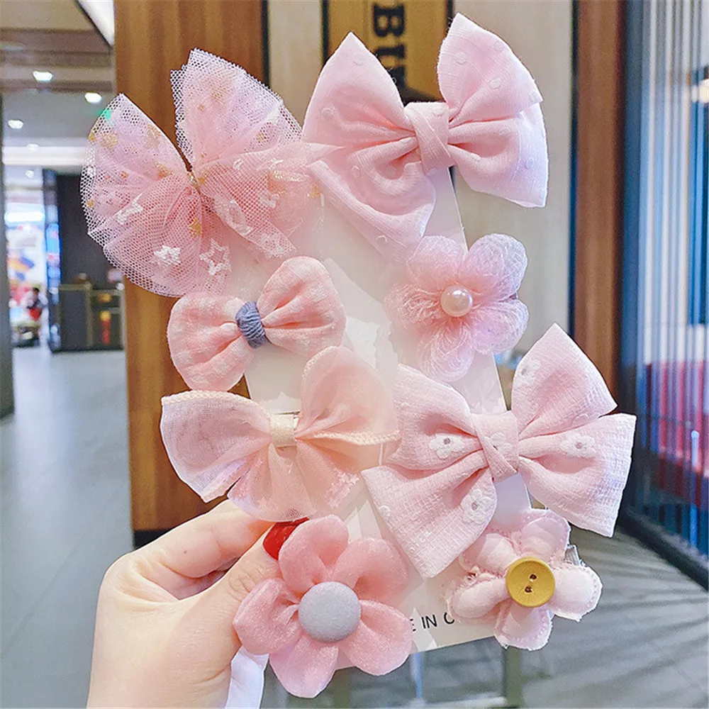8pcs Children's Hairpin Mesh Cute Baby Girl Bow Flower Princess Side Clip Kids Accessories Set