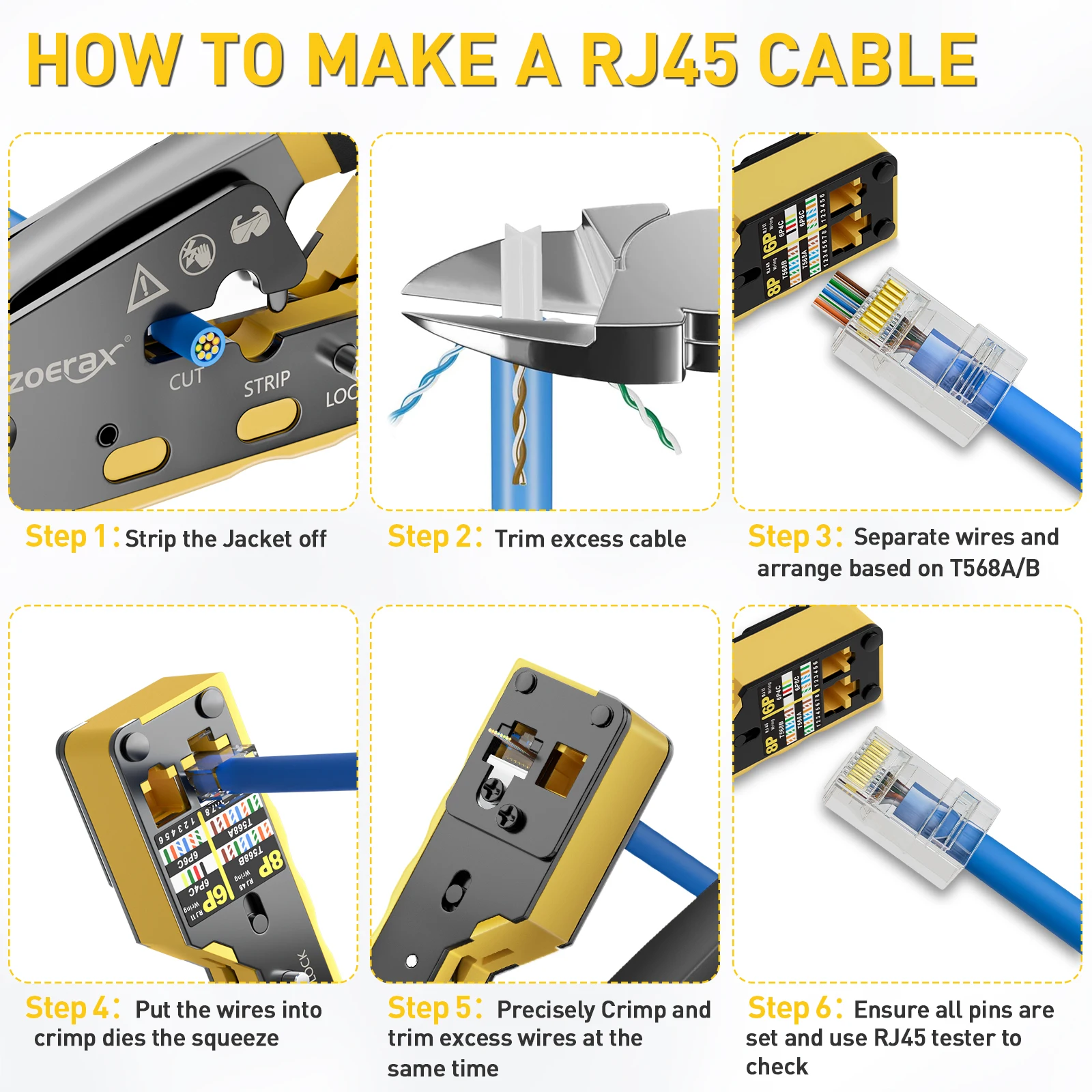 ZoeRax Rj45 패스 스루 크림프 툴 키트, Cat6 Cat6A Cat5 Cat5e 이더넷 크림핑 툴 키트(8P/6P 이더넷 크림퍼 포함)