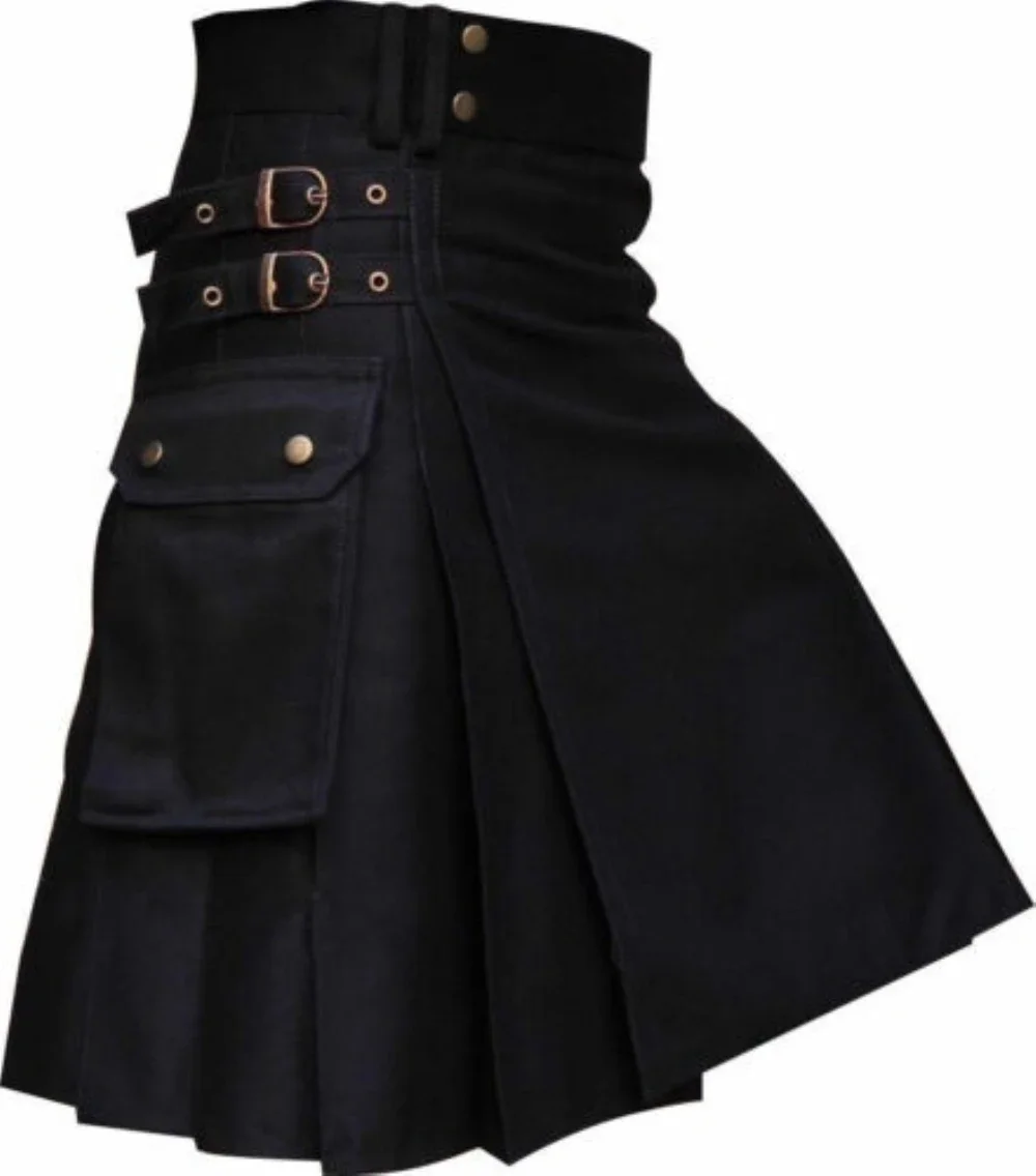 Schottischer schwarzer modischer Utility-Kilt mit silbernen Ketten – Detail 9