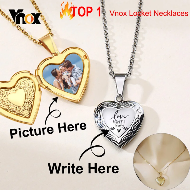 Vnox Customize Picture Name Women Necklaces Heart Locket Pendant