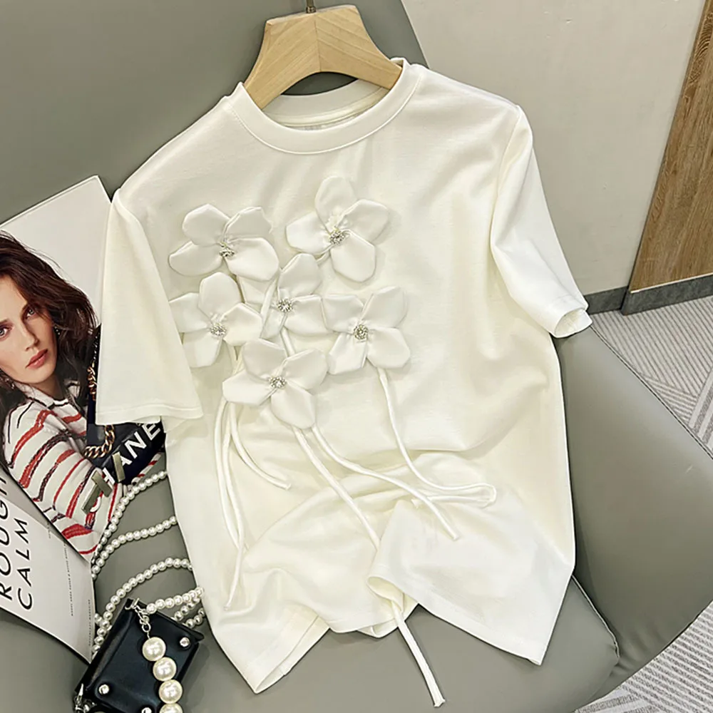 

Изысканная женская футболка Стразы с кисточками и 3D цветами с коротким рукавом Новинка Лето 2022 Свободная Повседневная Однотонная футболка с круглым вырезом Топ